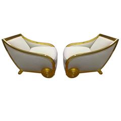 Paul Iribe Attributed Chicest Pair of Gold Leaf Art Deco Slipper Chairs