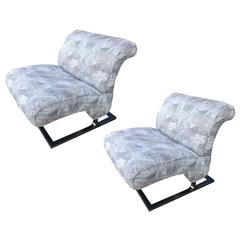 Pair of Upholstered Milo Baughman Slipper Chairs with Chrome Square Base