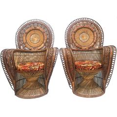 Exotic Wicker Throne Peacock Chairs Very Rare, Medallion Back, Hollywood Glam 11