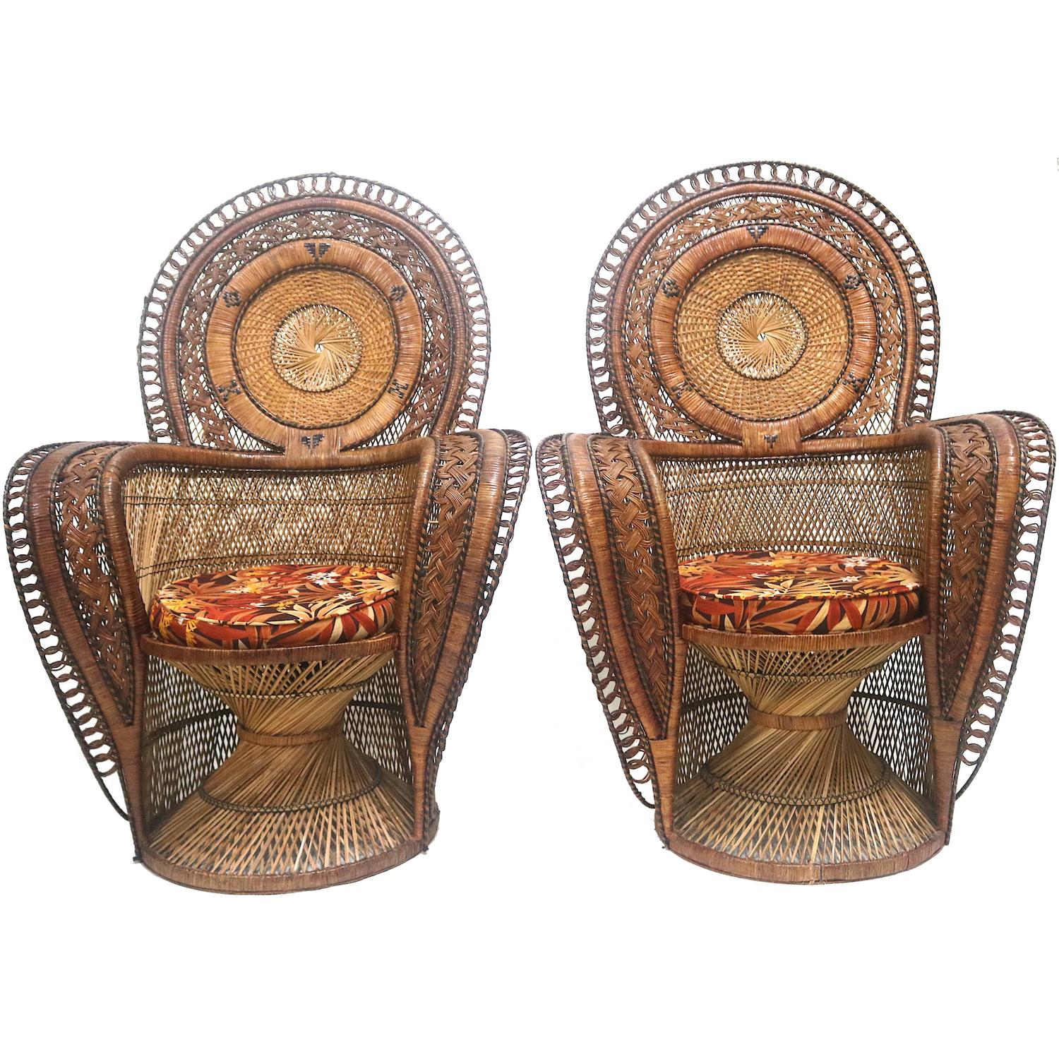 Exotic Wicker Throne Peacock Chairs Very Rare, Medallion Back