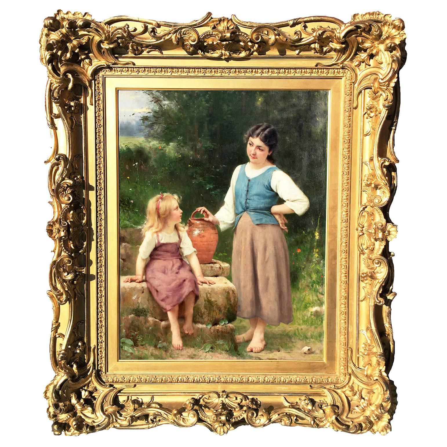 François-Alfred Delobbe Huile sur toile "The Little Neighbour", Français, 1835-1920
