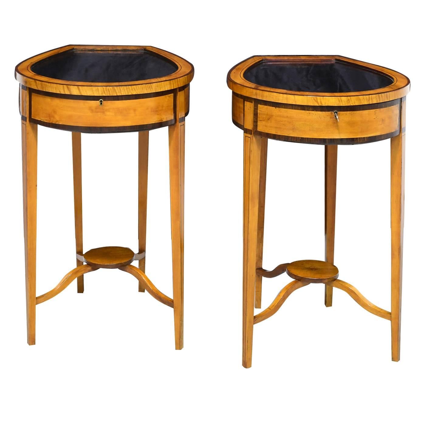 Pair of Edwardian Satinwood, Parcel-Ebonized Curio Tables, circa 1900 For Sale