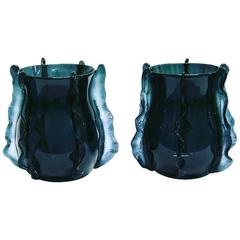 2009 Rare Italian Pair of Organic Avio Blue Murano Glass Vases by Formia 4