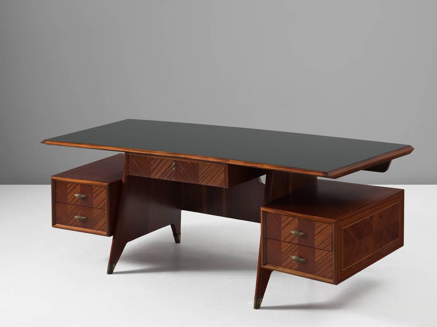 Italian Desk in Mahogany with Green Colored Glass Top For Sale at 1stdibs