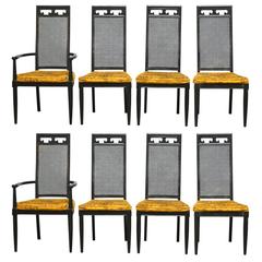 Set of Eight Asian Style Cane Black Lacquer Dining Chairs