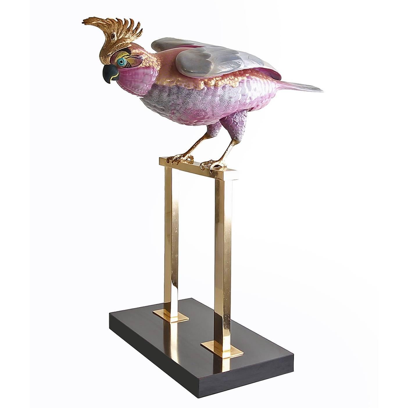 Mangani for Oggetti Hand-Painted Stylized Cockatoo Sculpture on Brass Base For Sale