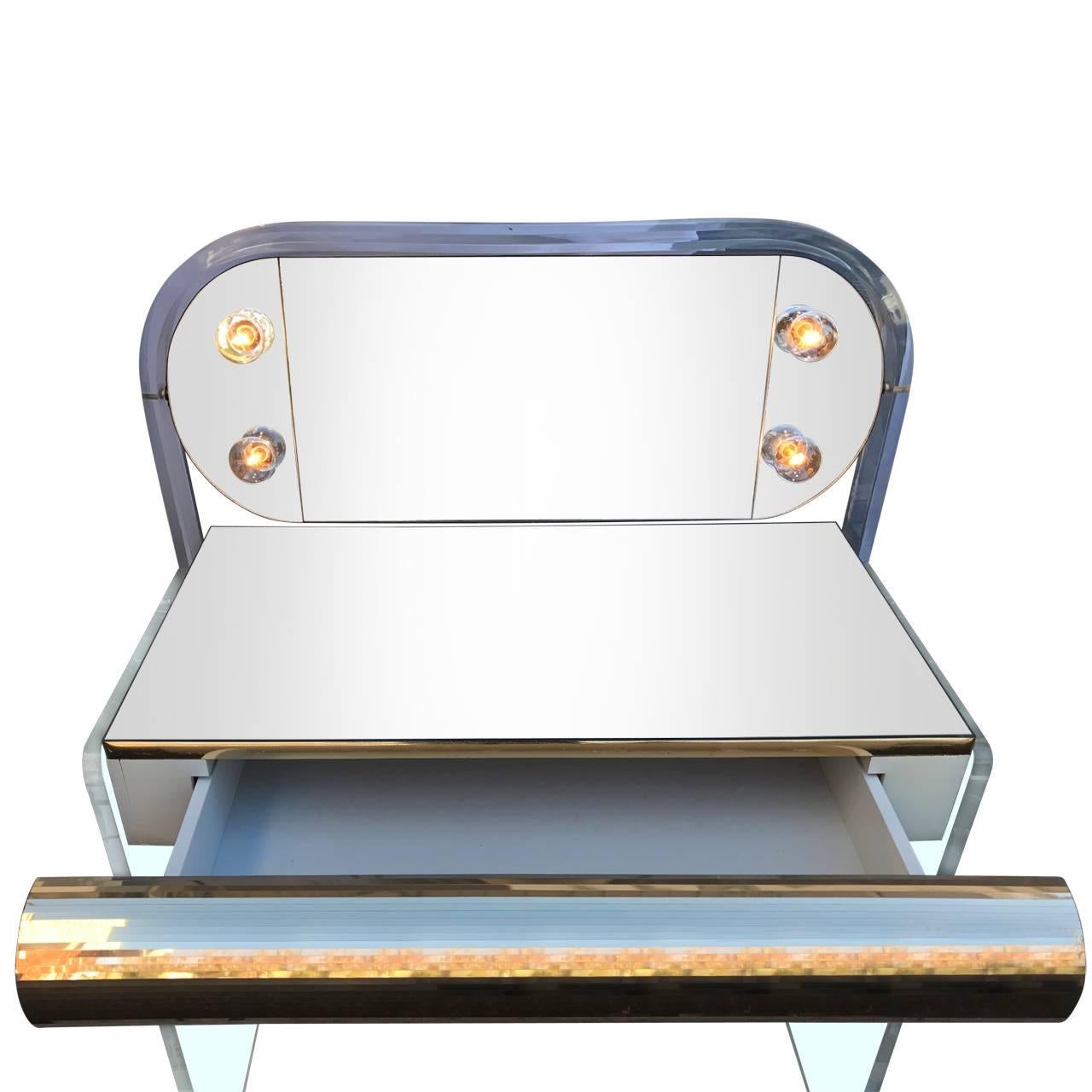 American Hollywood Regency Waterfall Lucite Mirrored Vanity