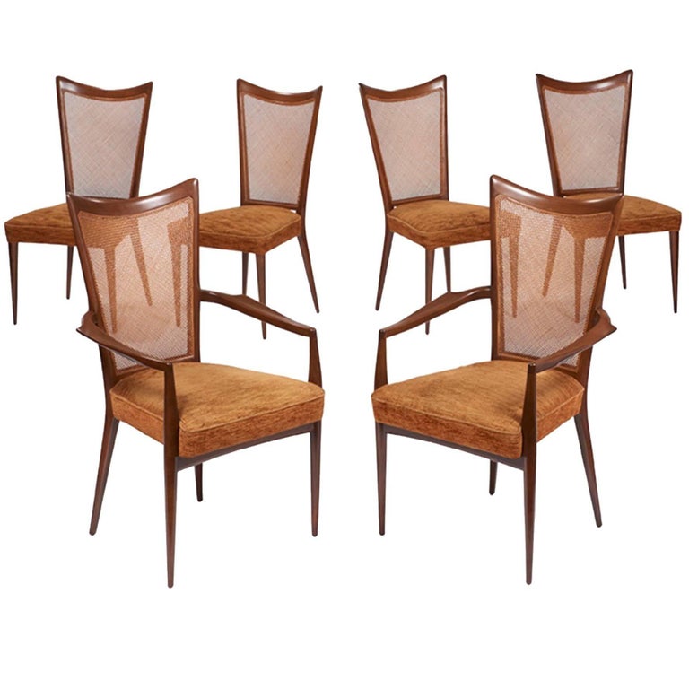 Set of Six Caned Back Walnut Dining Chairs by Melchiorre Bega at 1stDibs