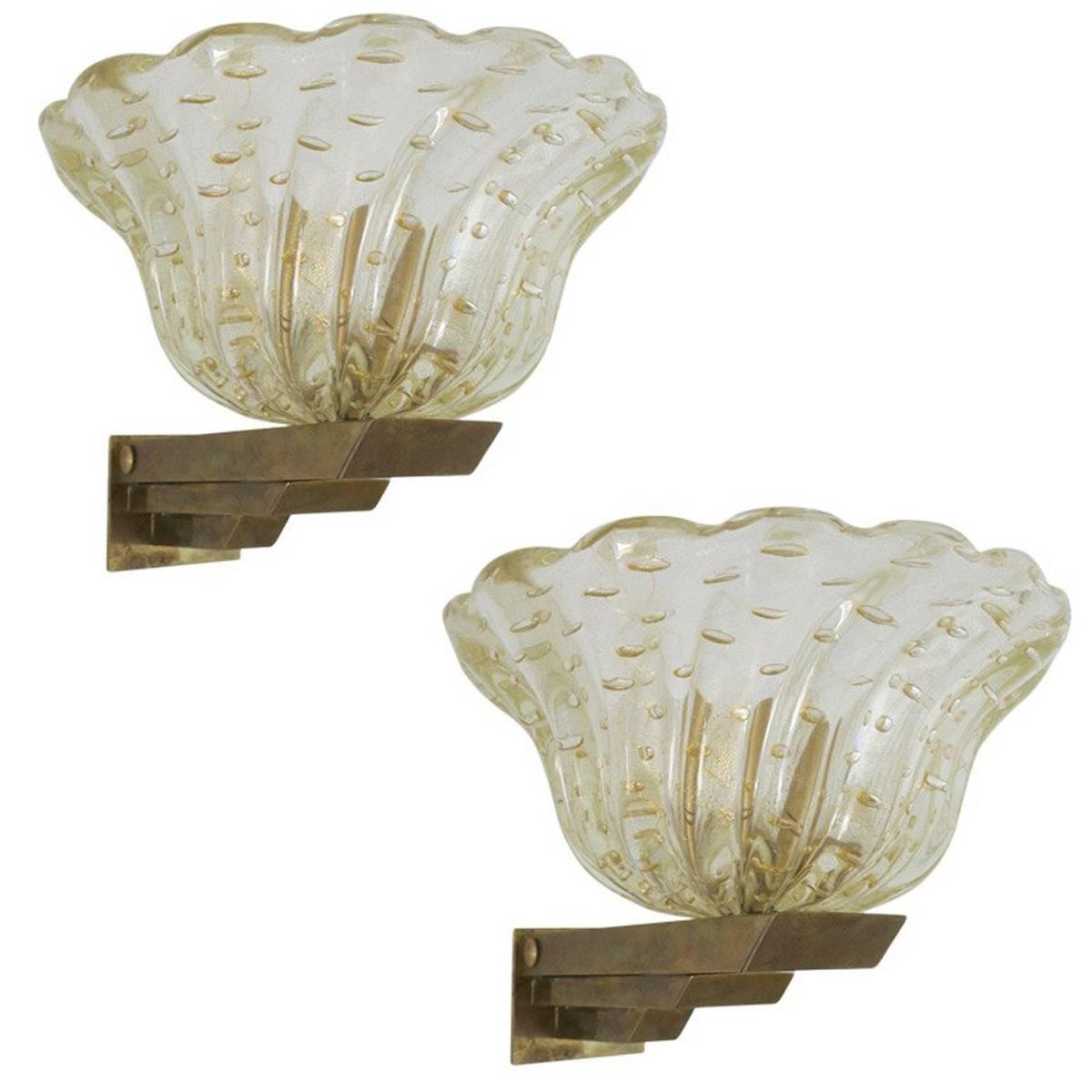 Pair of Gold Pulegoso Sconces by Barovier e Toso