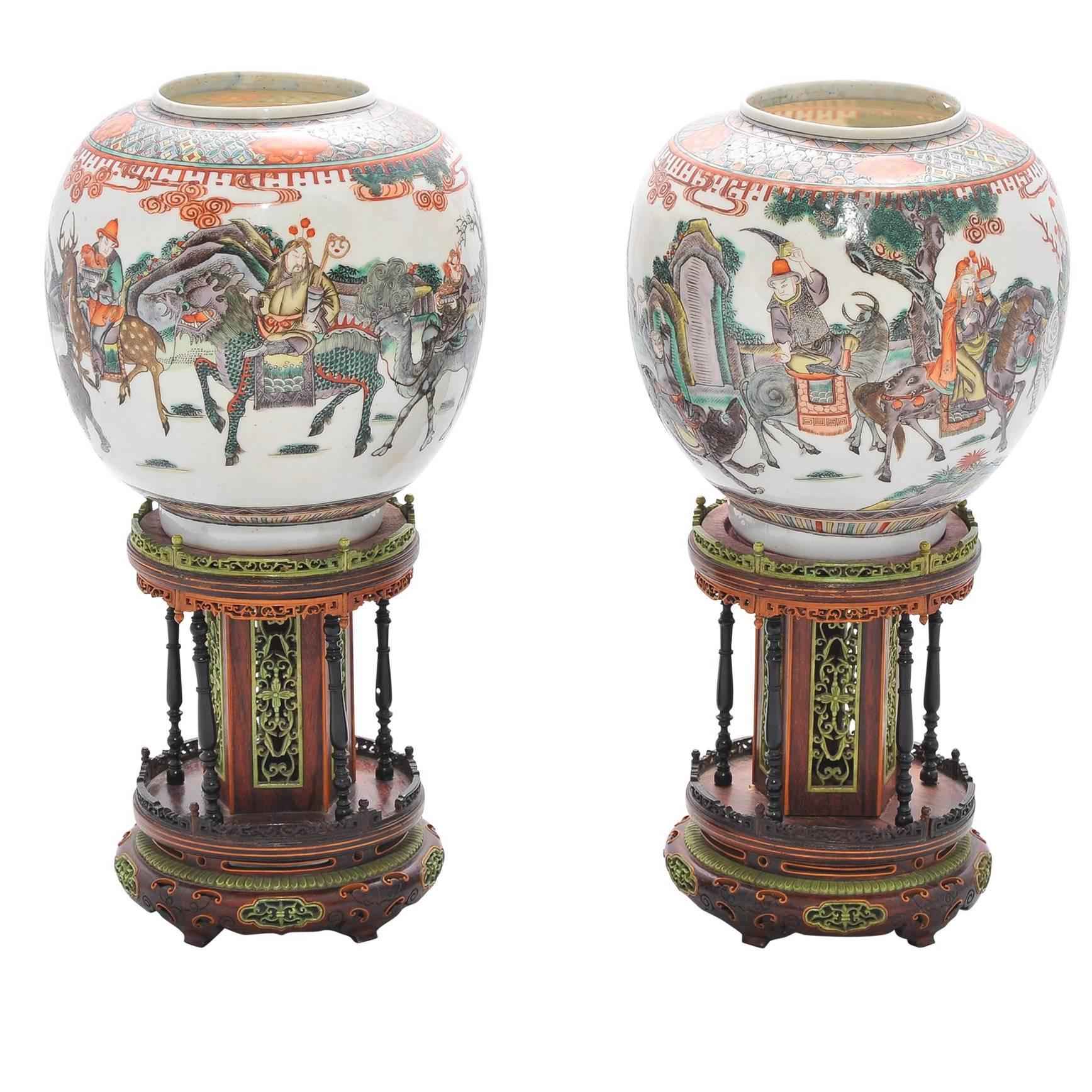 Pair of 19th Century Chinese Famille Verte Lanterns
