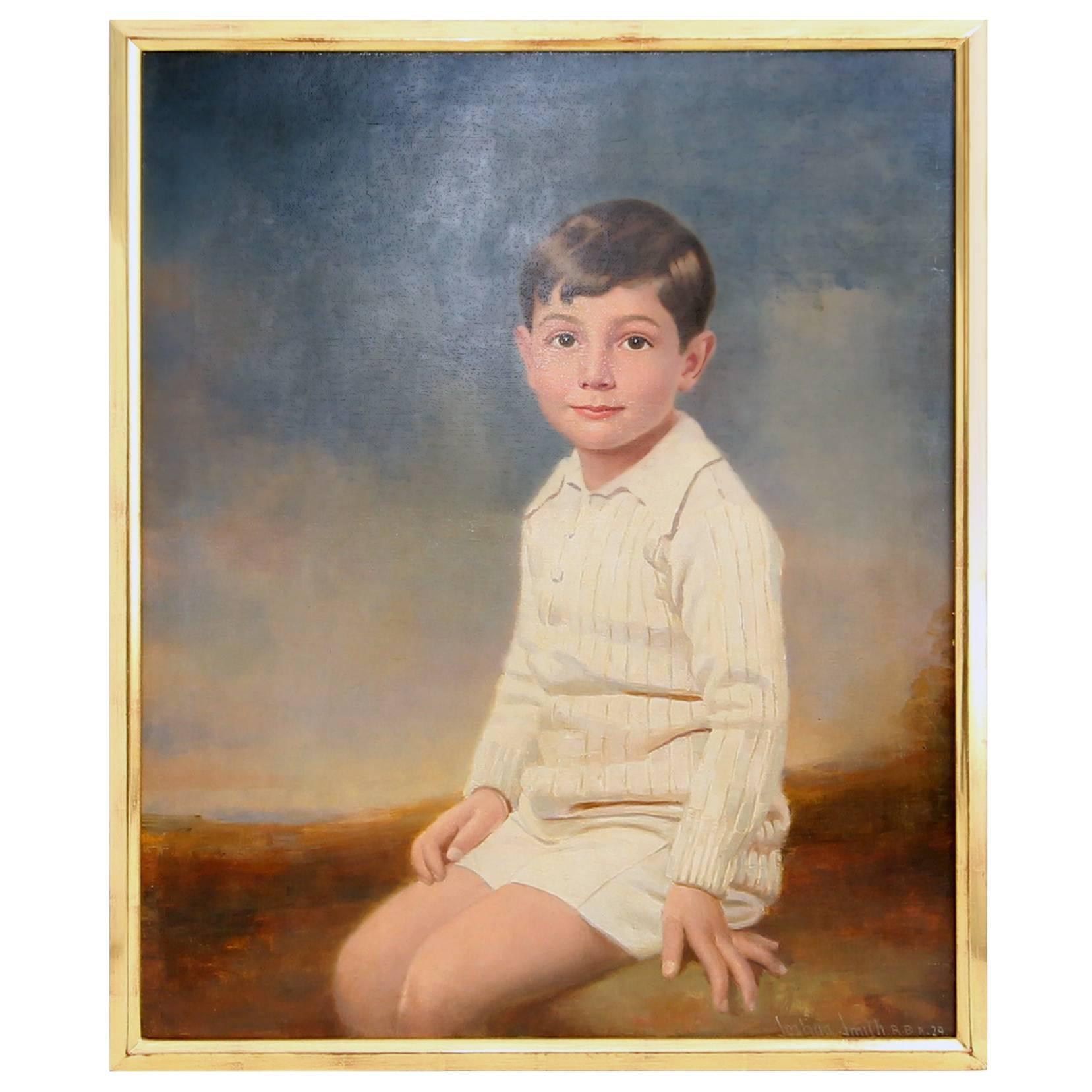 1929 Three Quarter Portrait of a Seated Young Boy by Joshua Smith R.B.A. For Sale