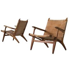 Hans Wegner Set of Early Edition CH27 Lounge Chairs in Oak and Woven Cane