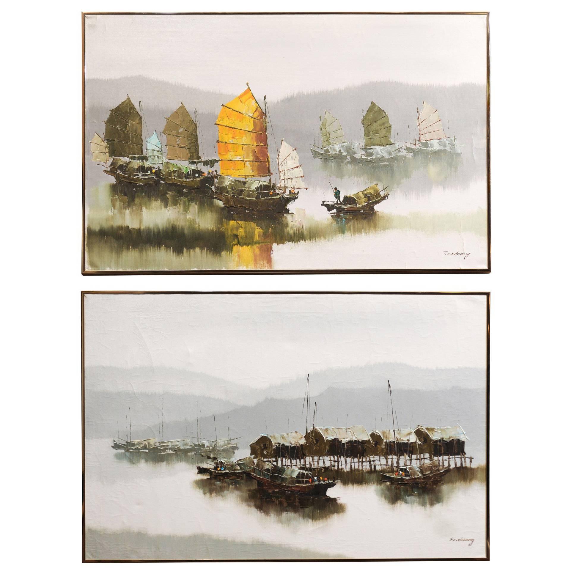 Pair of Hong Kong Harbor Oil Paintings in Neutral Colors by F.E. Cheang For Sale