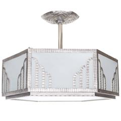 French Art Deco Hexagonal Chandelier in Frosted Glass and Nickeled Iron