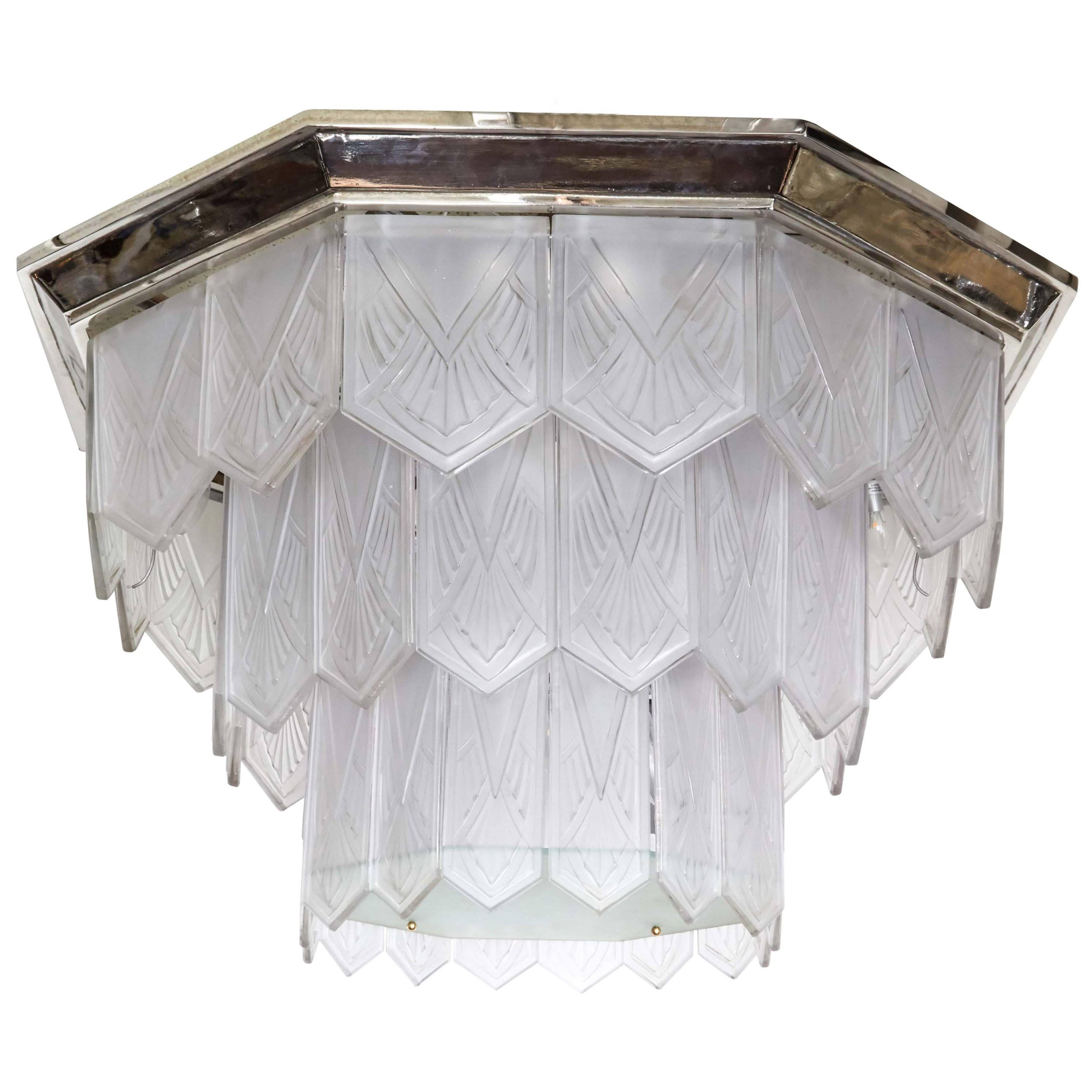 Palatial French Art Deco Frosted Art Glass Octagonal Chandelier, Signed Sabino For Sale
