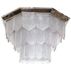 Palatial French Art Deco Frosted Art Glass Octagonal Chandelier, Signed Sabino