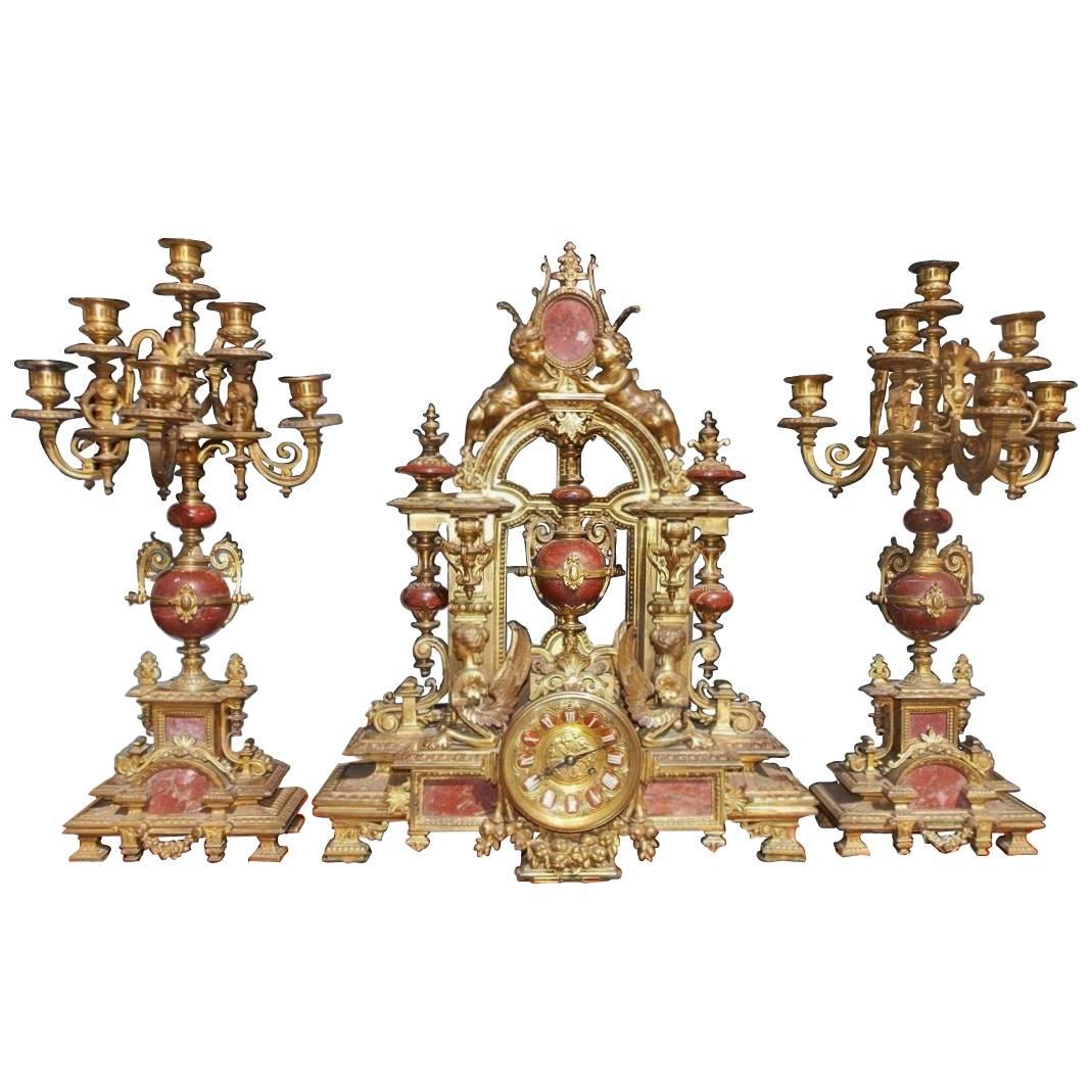 French Gilt  Bronze and Marble Clock Set
