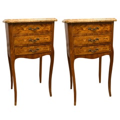 Pair of Three-Drawer Marble-Top Bedside or End Tables