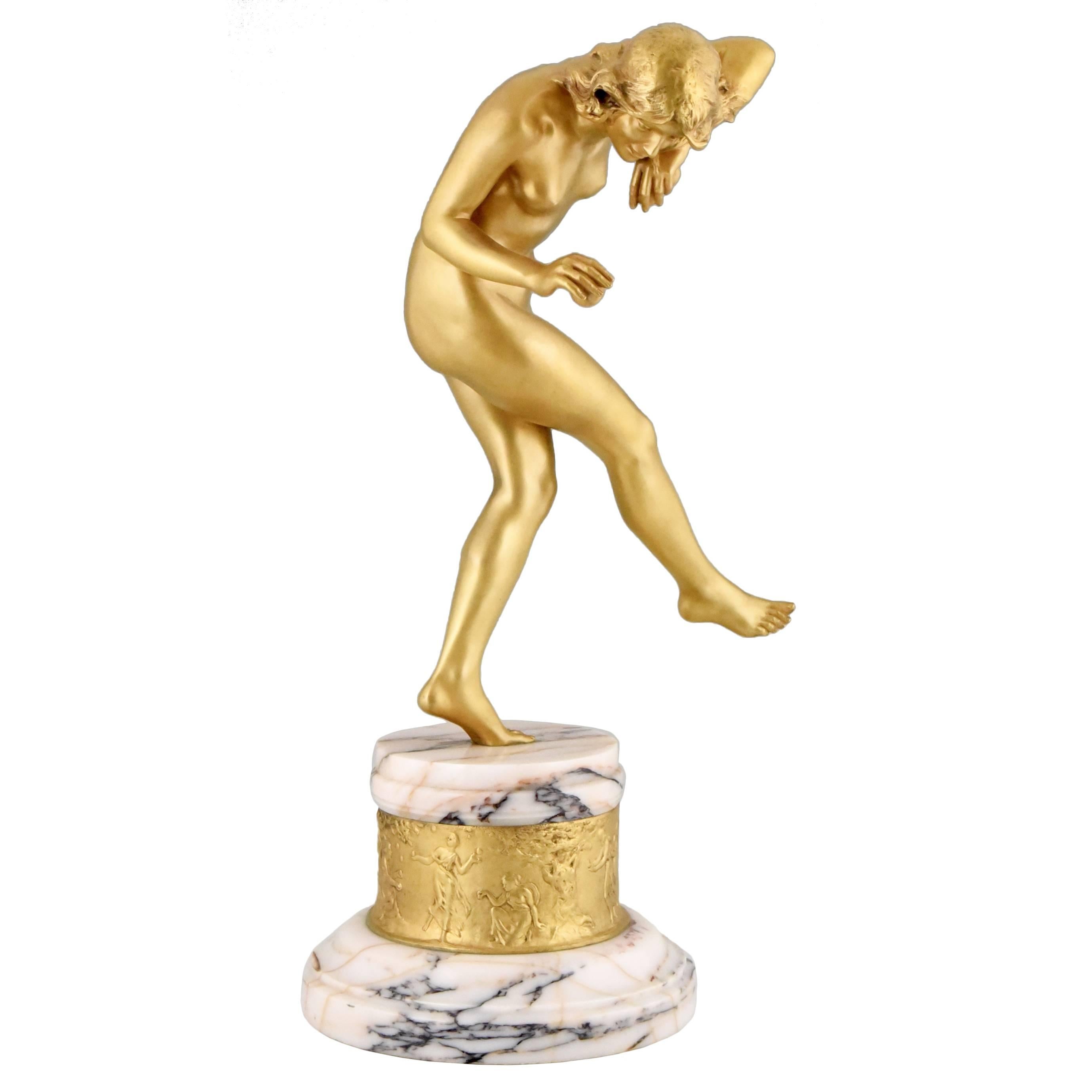 French Art Nouveau bronze sculpture nude dancer by Louis Marie Jules Delapchier