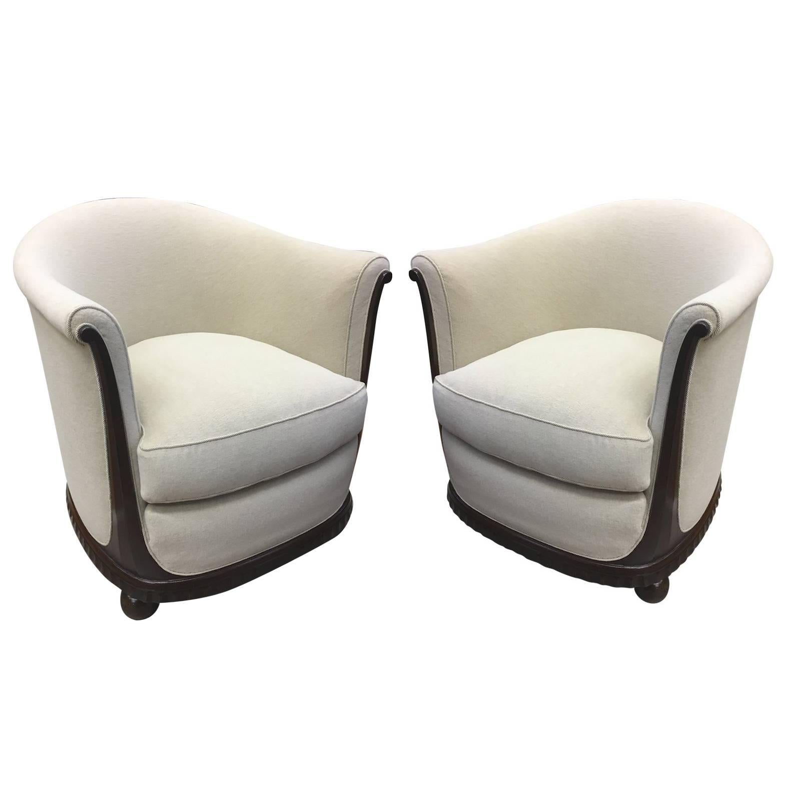 Jules Leleu Stamped Rarest Pair of Early Art Deco Chairs Newly Covered in Mohair For Sale