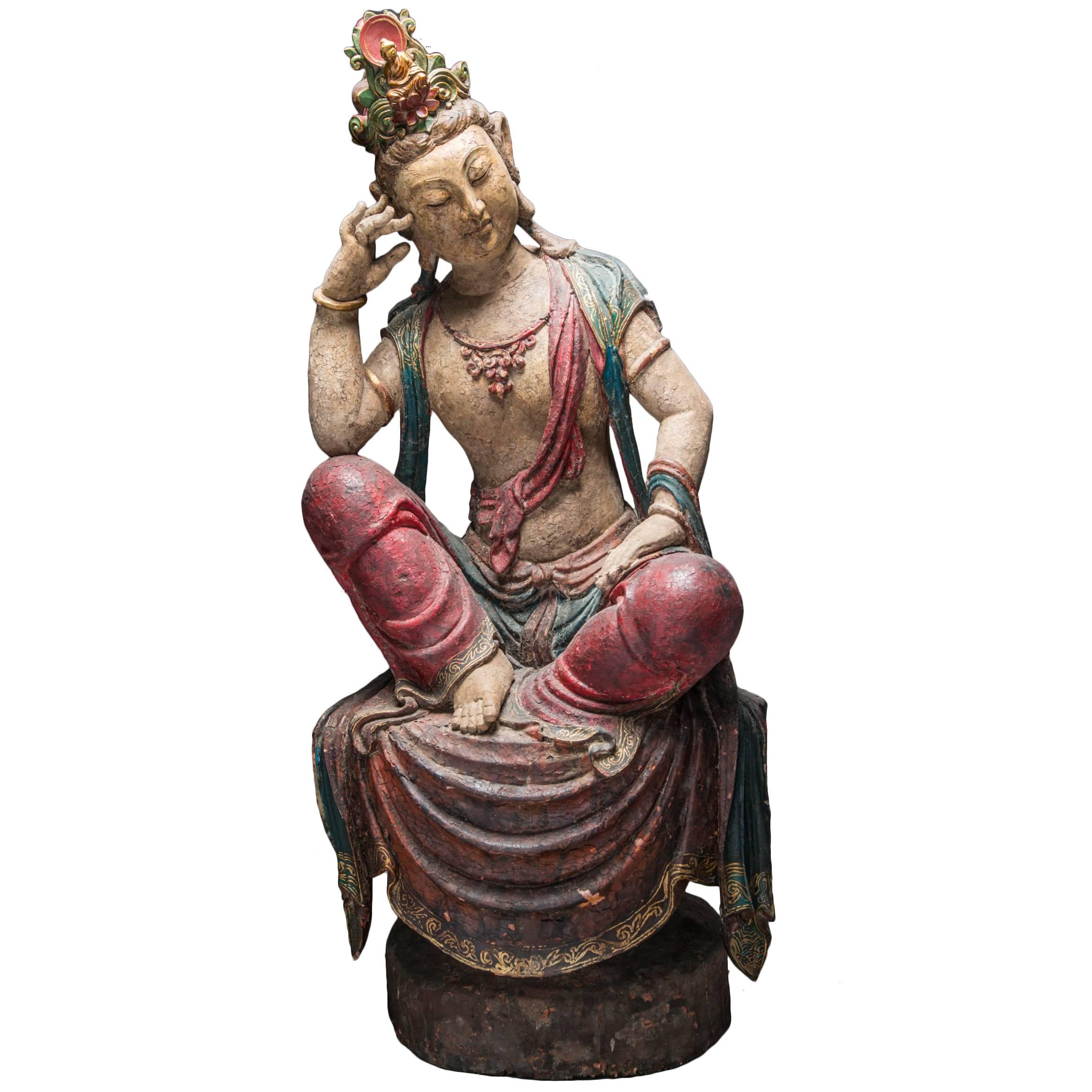 Ming Dynasty Wooden Polychromed Bodhisattva For Sale