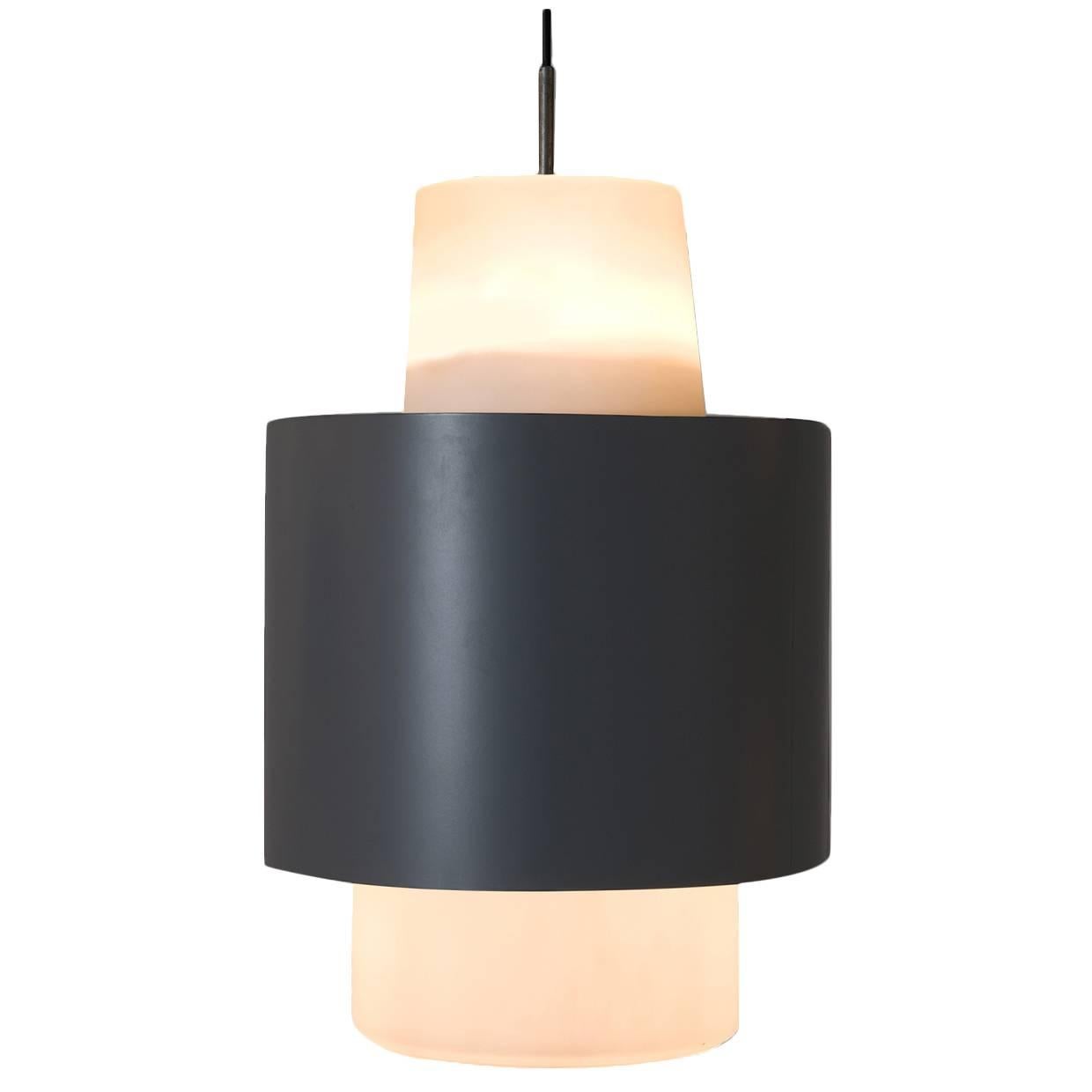 Large Pendant in Opaline Glass and Dark Grey Metal