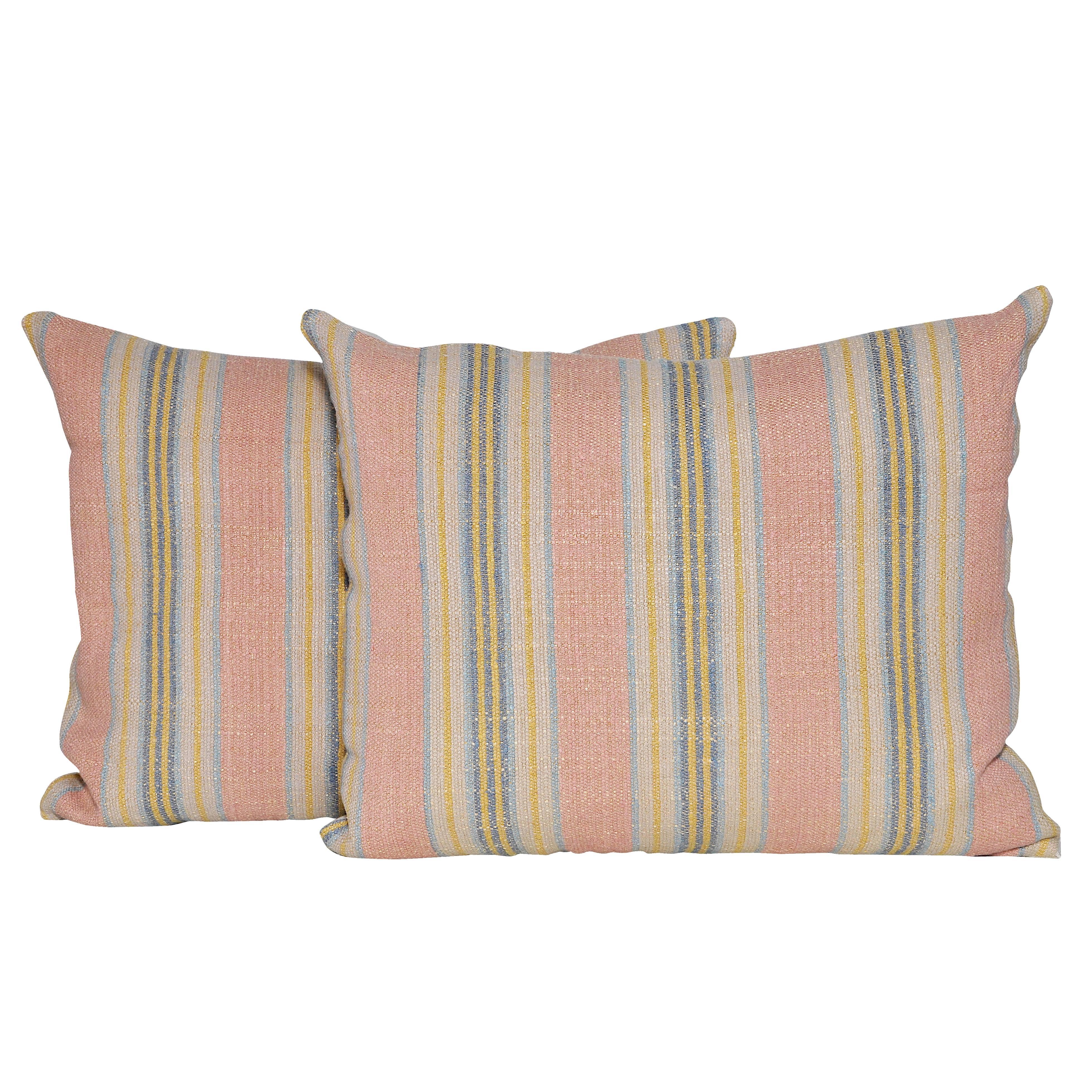 Pair of Vintage Pink Yellow Argentinian Fabric with Irish Linen Cushion Pillow For Sale