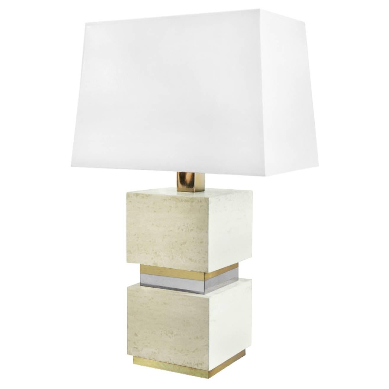 1970s French Travertine Block Table Lamp with Brass and Chrome Banding For Sale