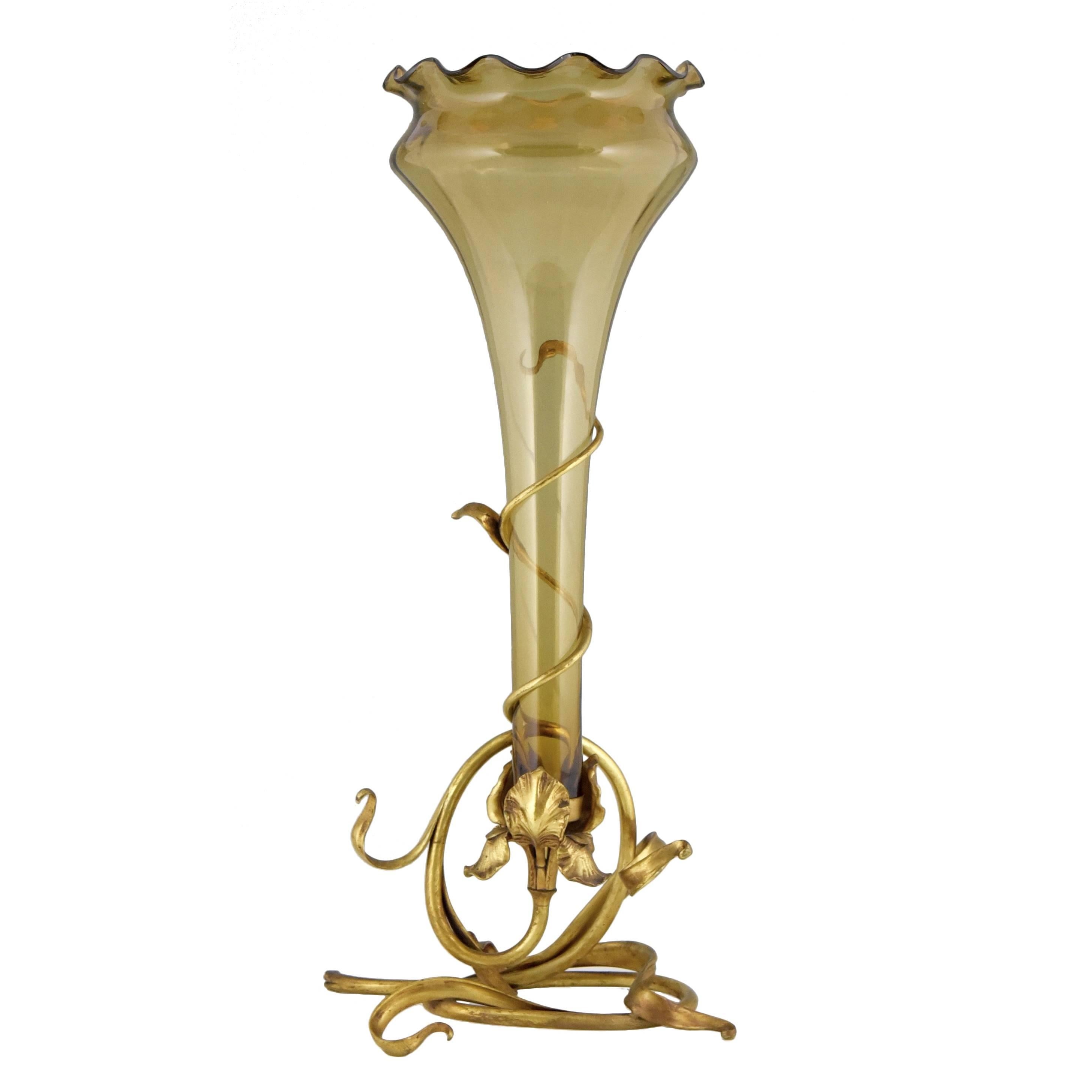 Art Nouveau Bronze & Glass Vase Attributed to L. Van Strydonck H., Belgium, 1900