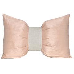 French Antique Pink Peach Silk with Irish Linen Bow Cushion Pillow 7