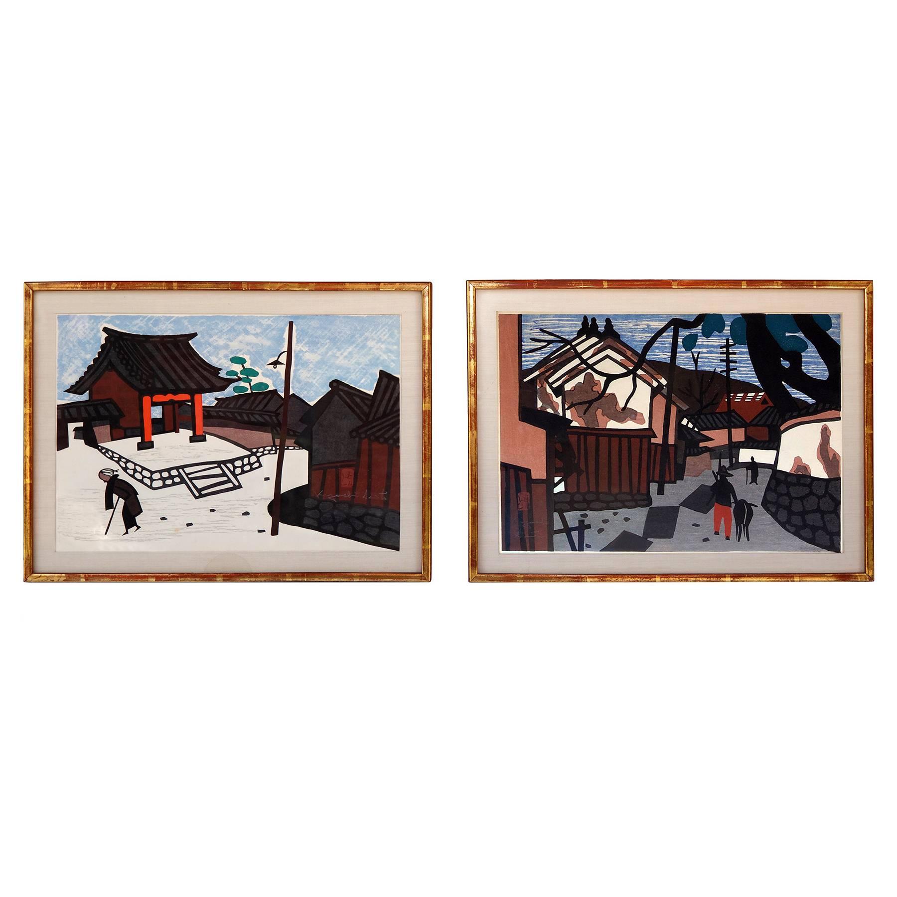 Pair of Original Wood Block Prints by Kiyoshi Saito For Sale
