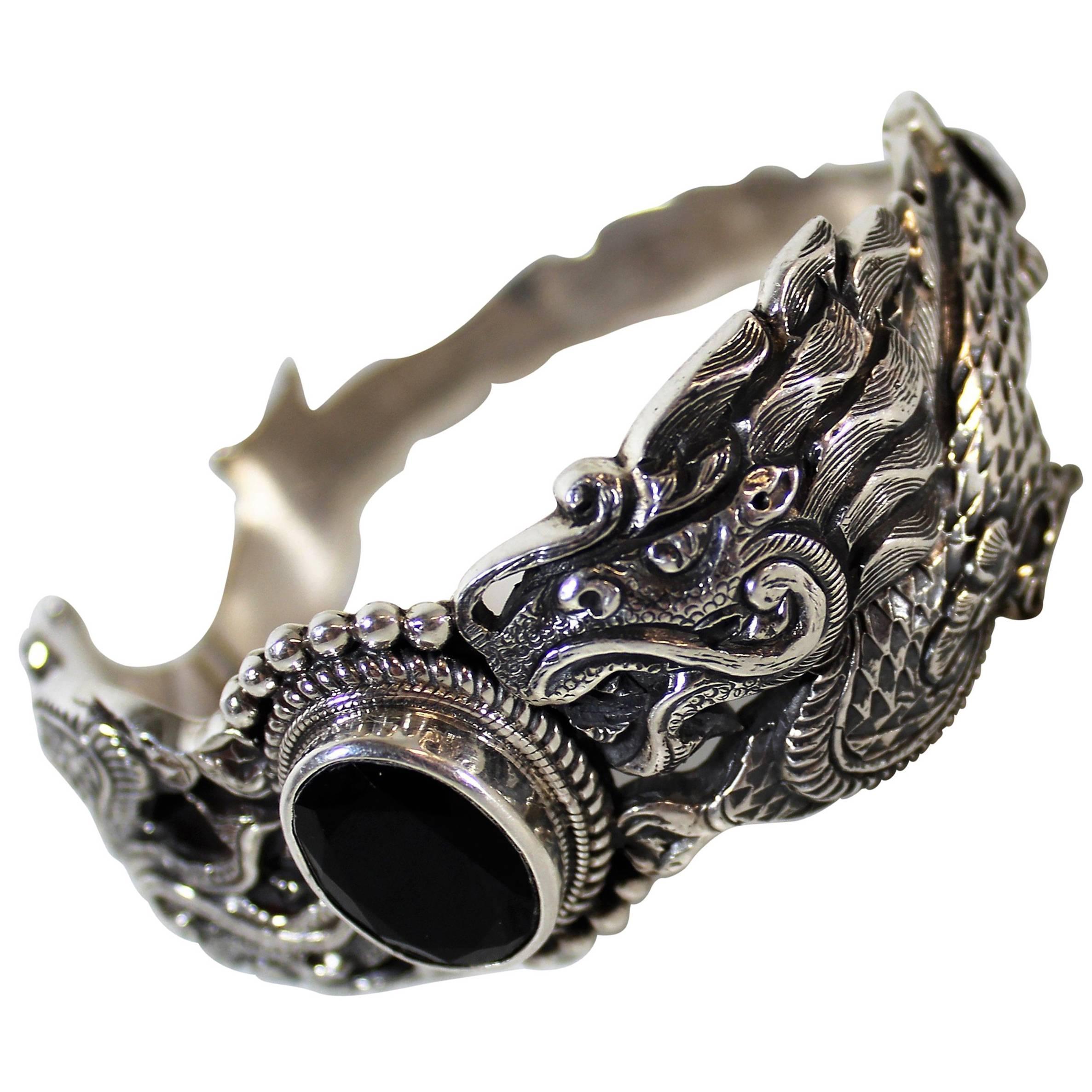 Nepalese Sterling Silver and Onyx Dragon Bracelet For Sale