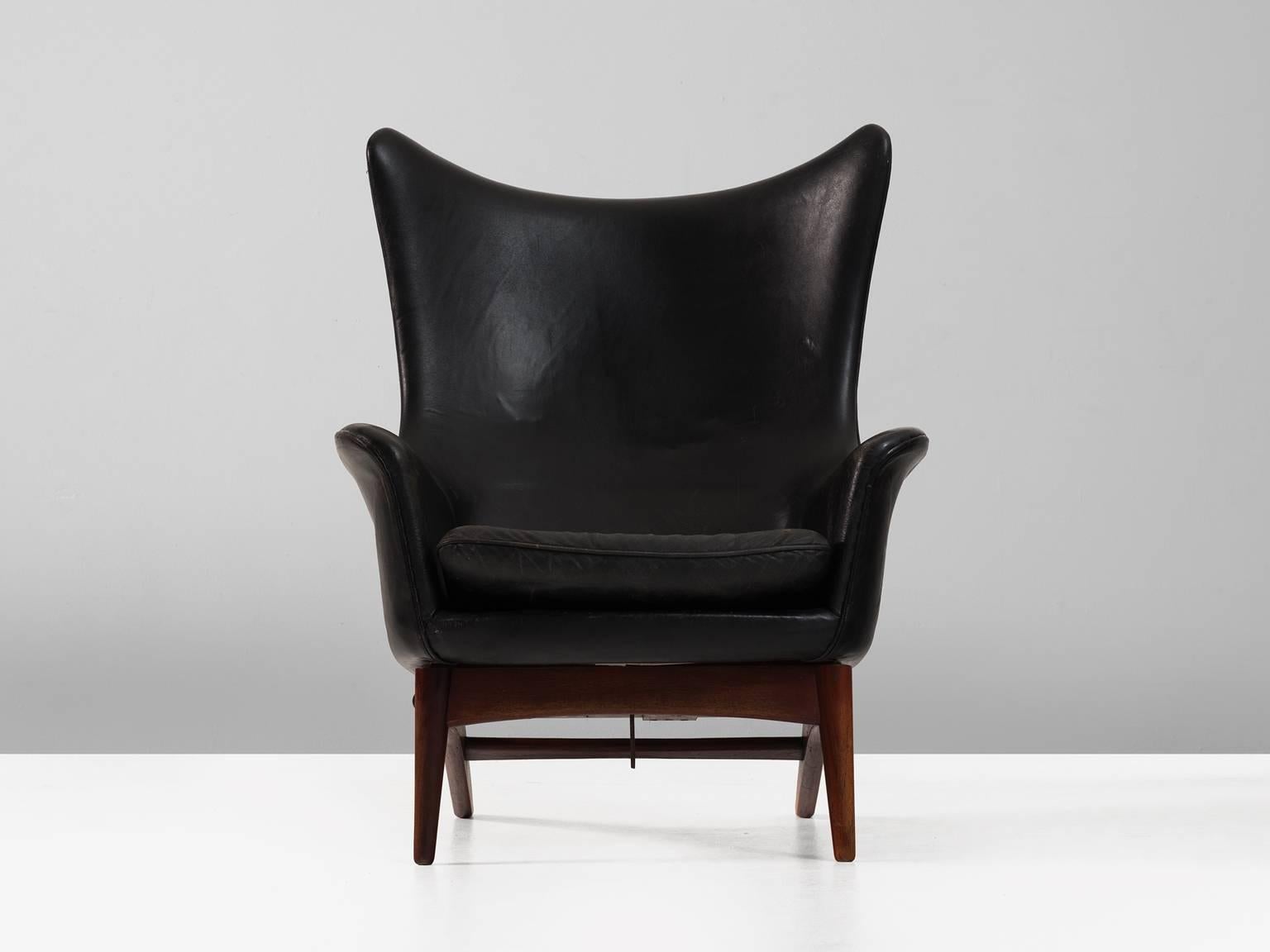Mid-Century Modern H.W. Klein Reclining Lounge Chair in Black Leather Upholstery