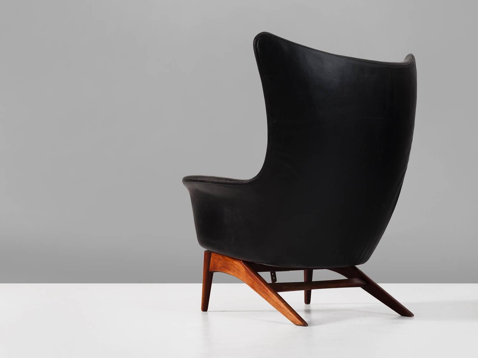 Danish H.W. Klein Reclining Lounge Chair in Black Leather Upholstery