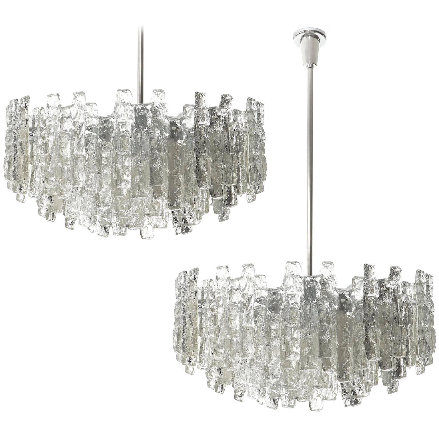 One of Two Large Kalmar Chandeliers, Ice Glass and Nickel, 1960s For Sale