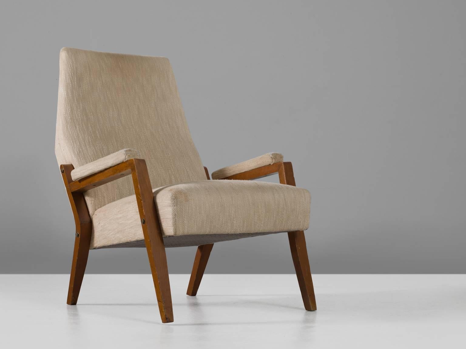 Mid-20th Century Set of Two Highback Lounge Chairs in Wood and Off-White Fabric