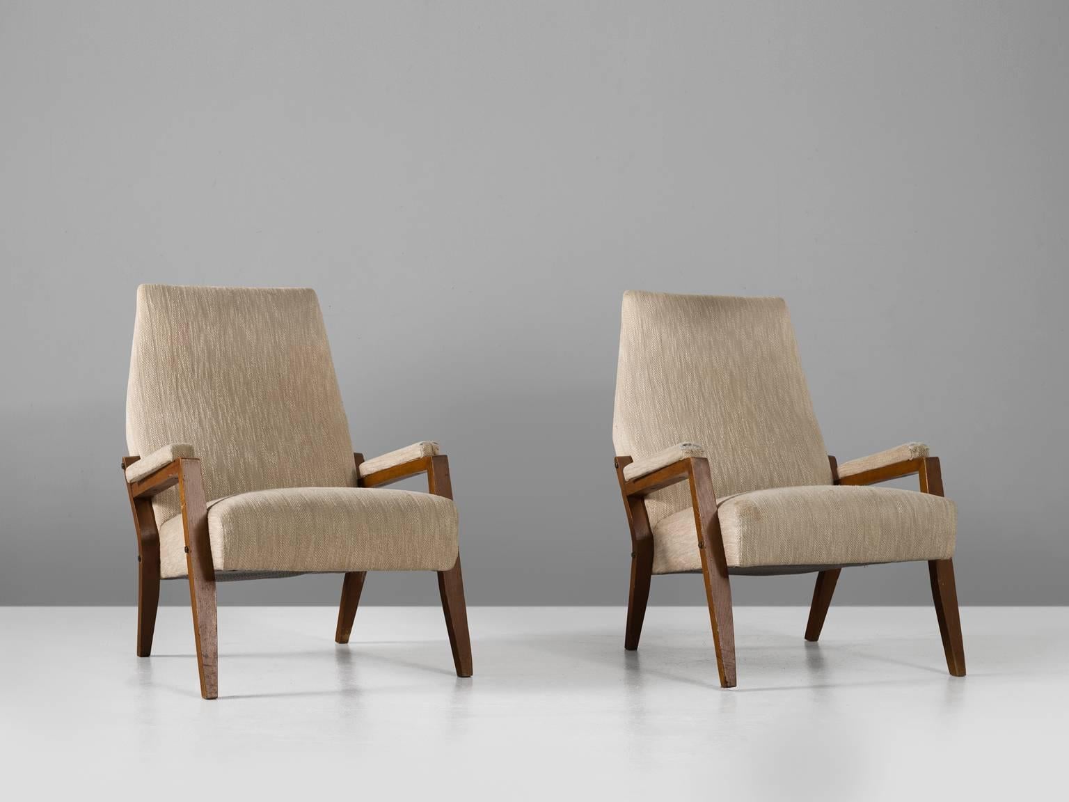 Mid-Century Modern Set of Two Highback Lounge Chairs in Wood and Off-White Fabric
