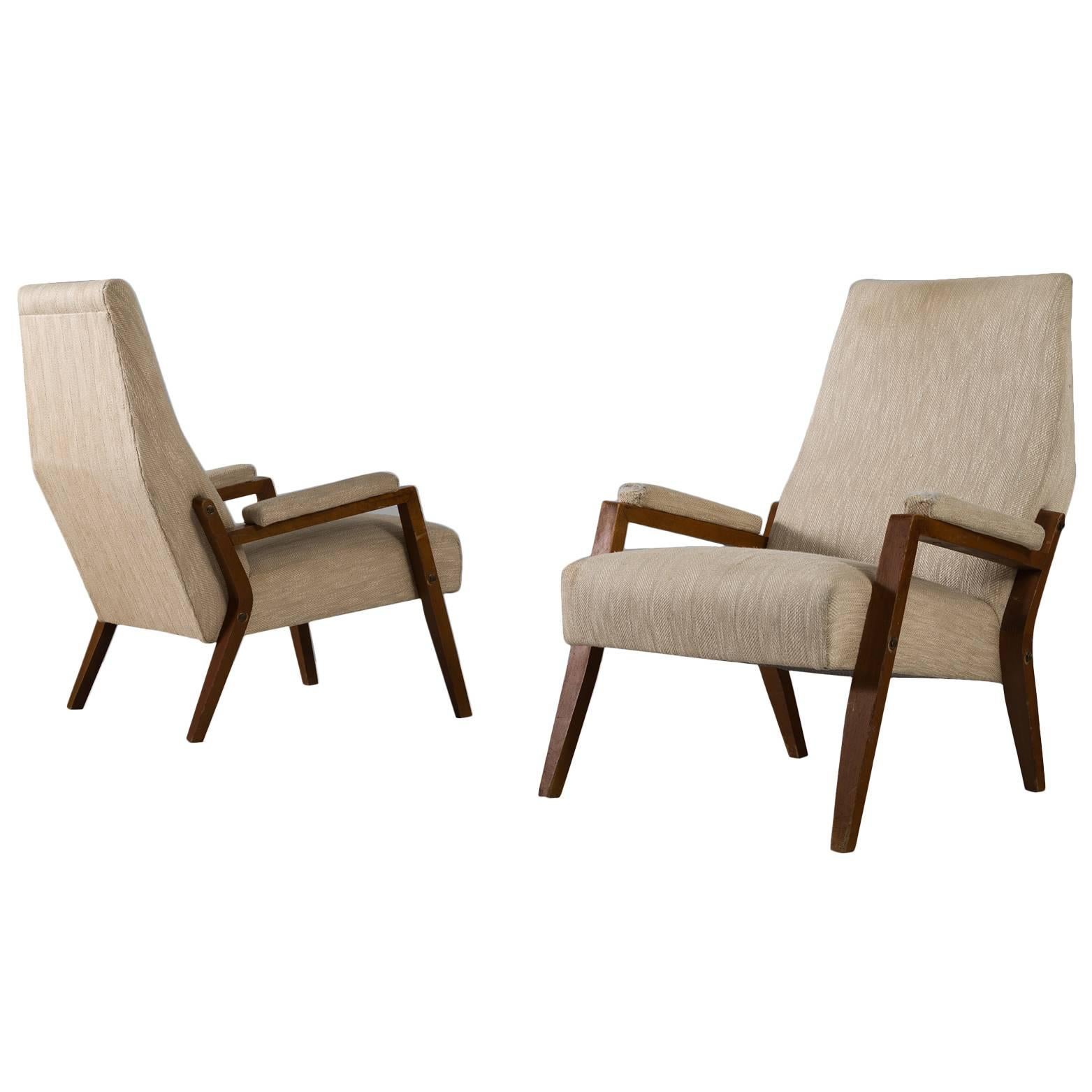 Set of Two Highback Lounge Chairs in Wood and Off-White Fabric