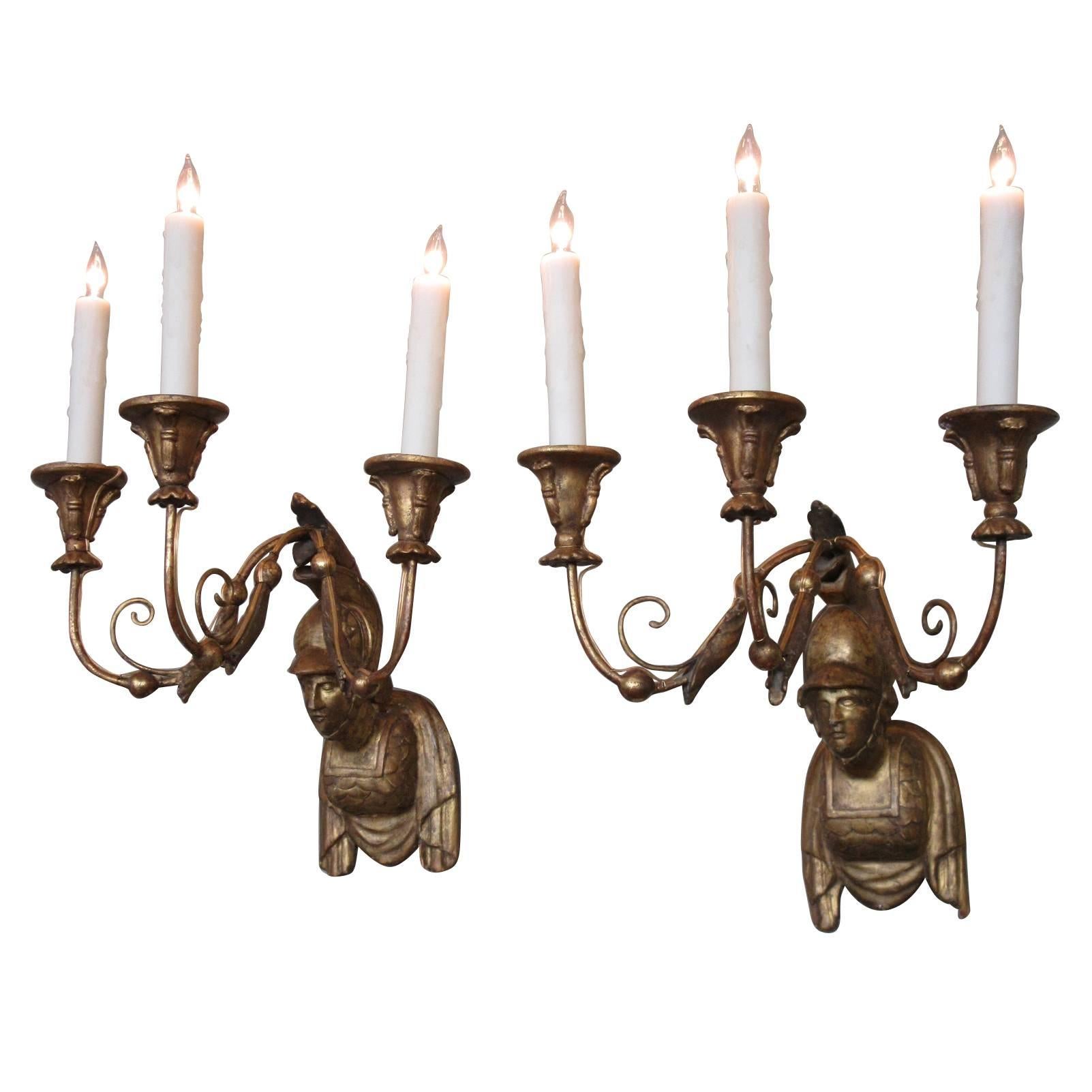 Early 19th Century Italian Neoclassical Giltwood Sconces with Roman Soldier Bust For Sale