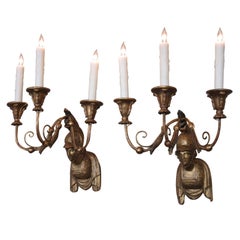 Early 19th Century Italian Neoclassical Giltwood Sconces with Roman Soldier Bust