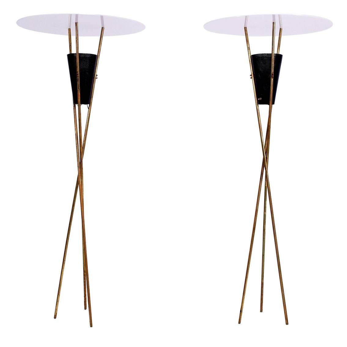 Pair of Tripod Torchieres Floor Lamps, Mid-Century Modern