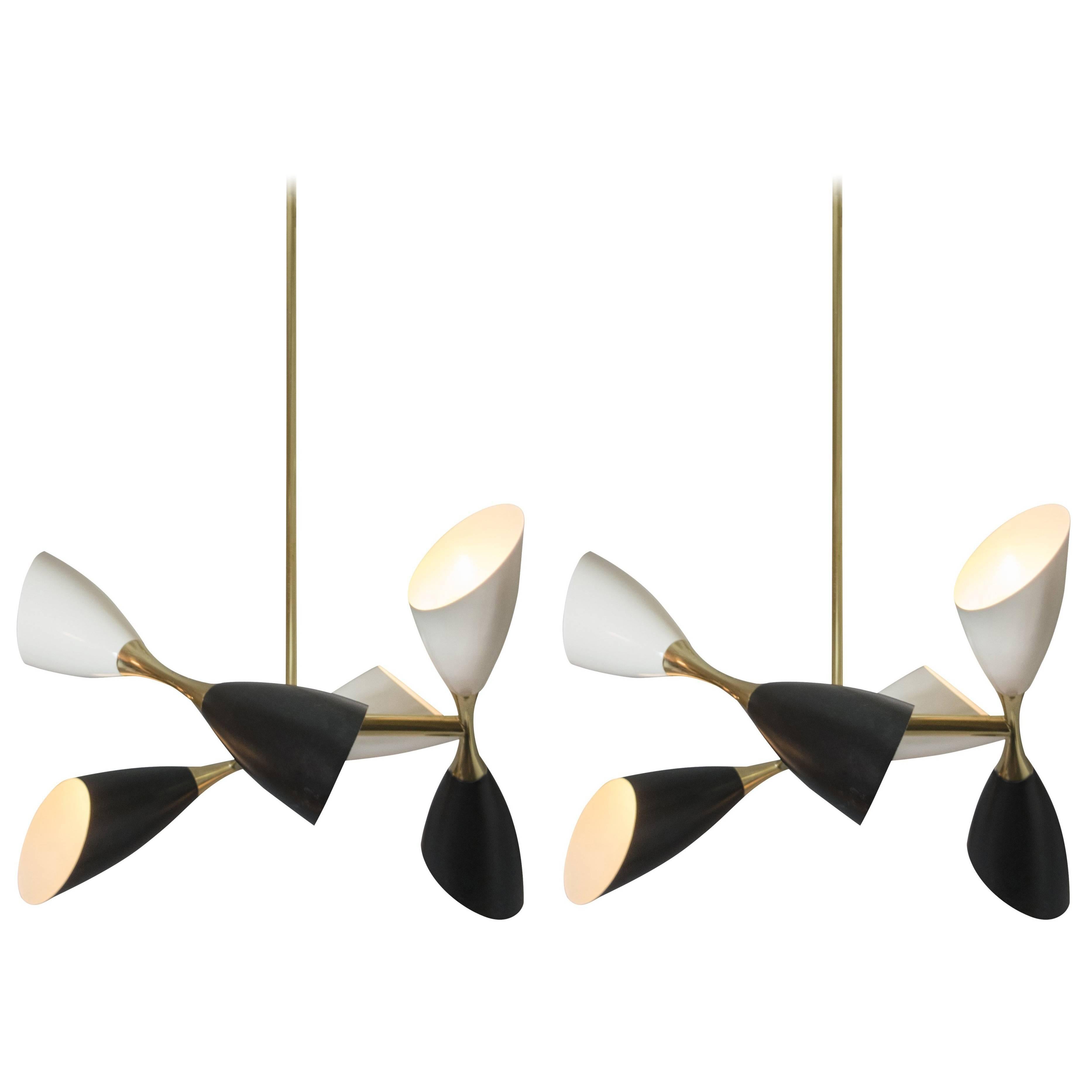 Pair of Italian Brass Six-Light Chandeliers with Black and Ivory Cones For Sale