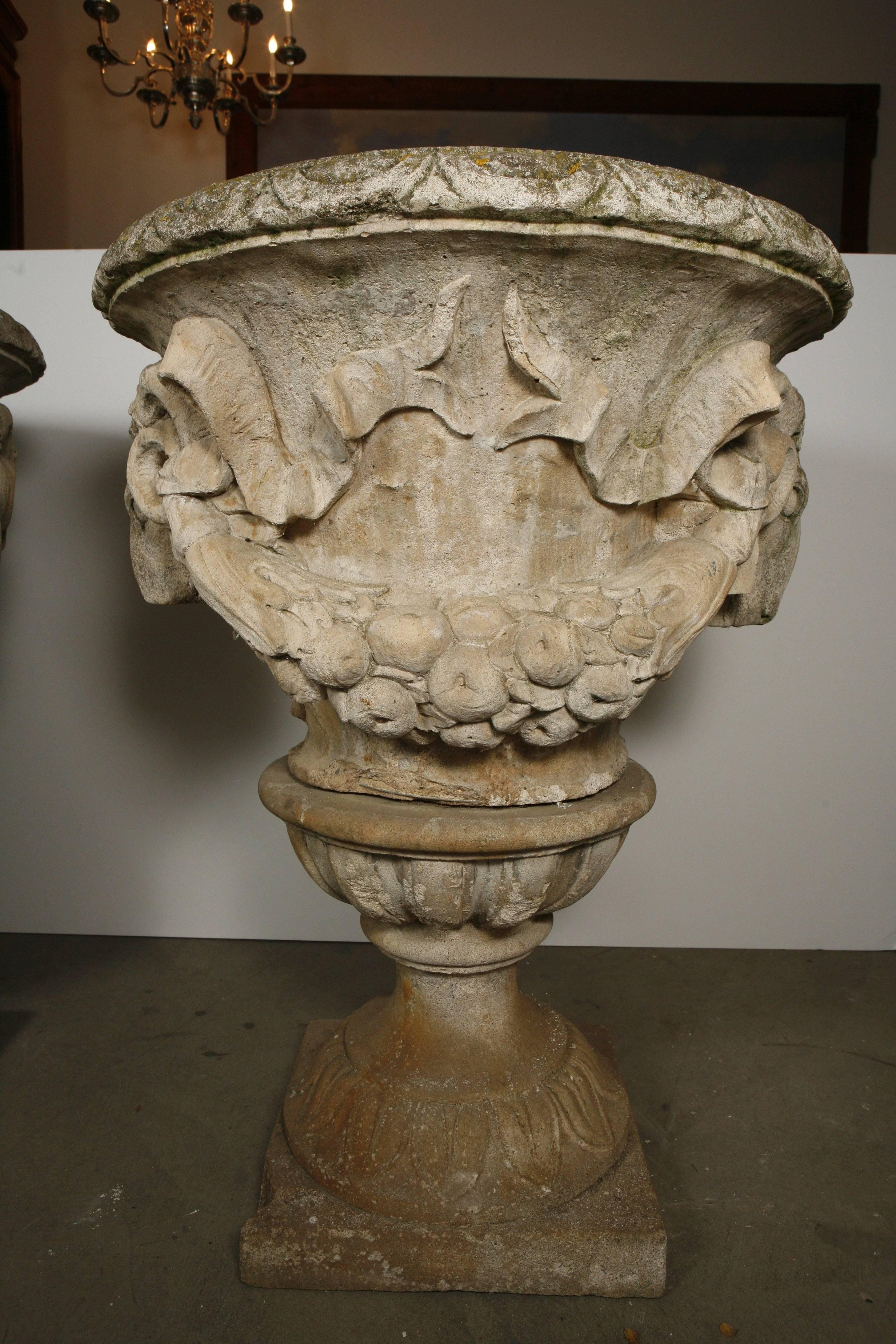 Italian Pair of White Terracotta Urns with Lamb's Head Decoration For Sale