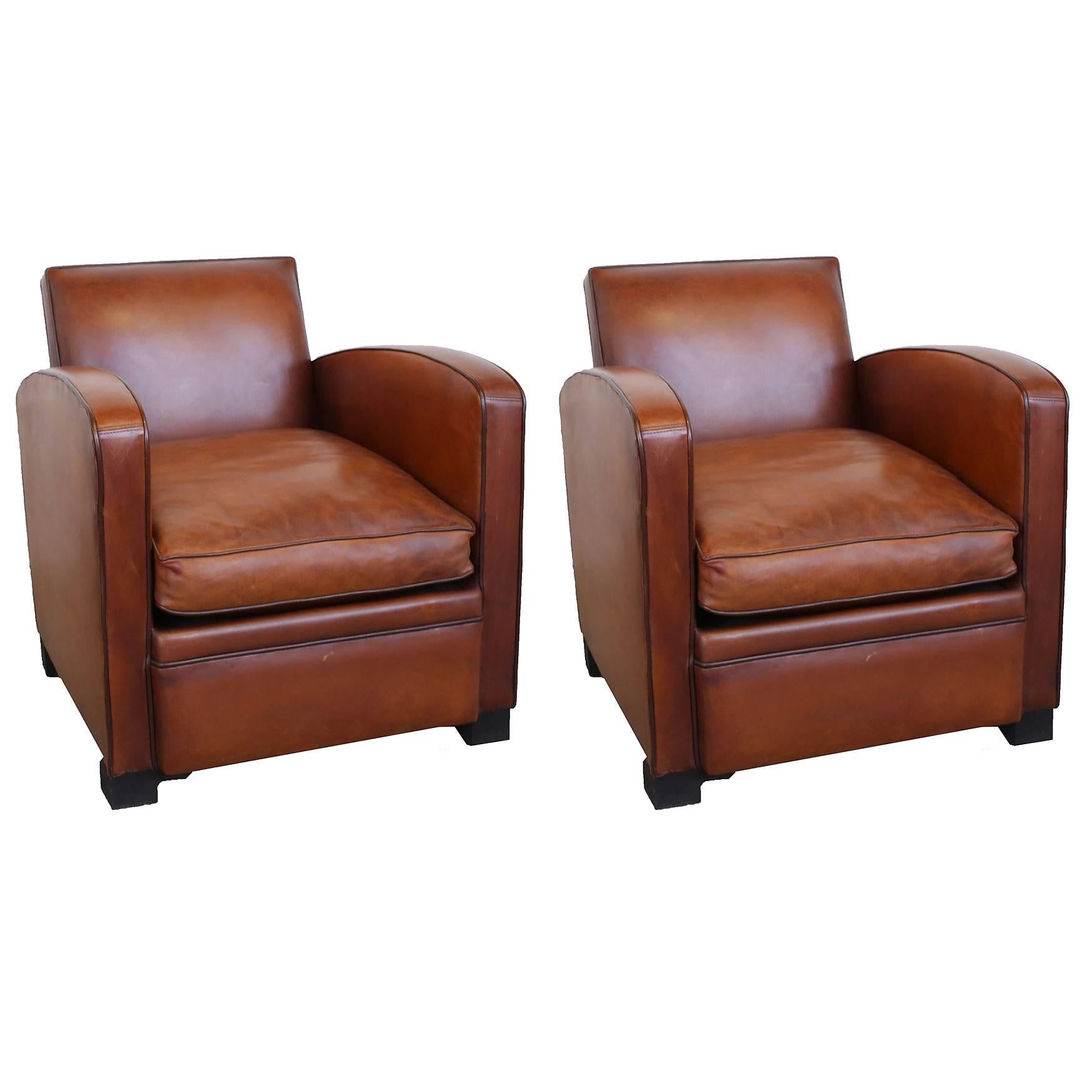 Pair of French Art Deco Parisian Original Leather Club Chairs, circa 1930s