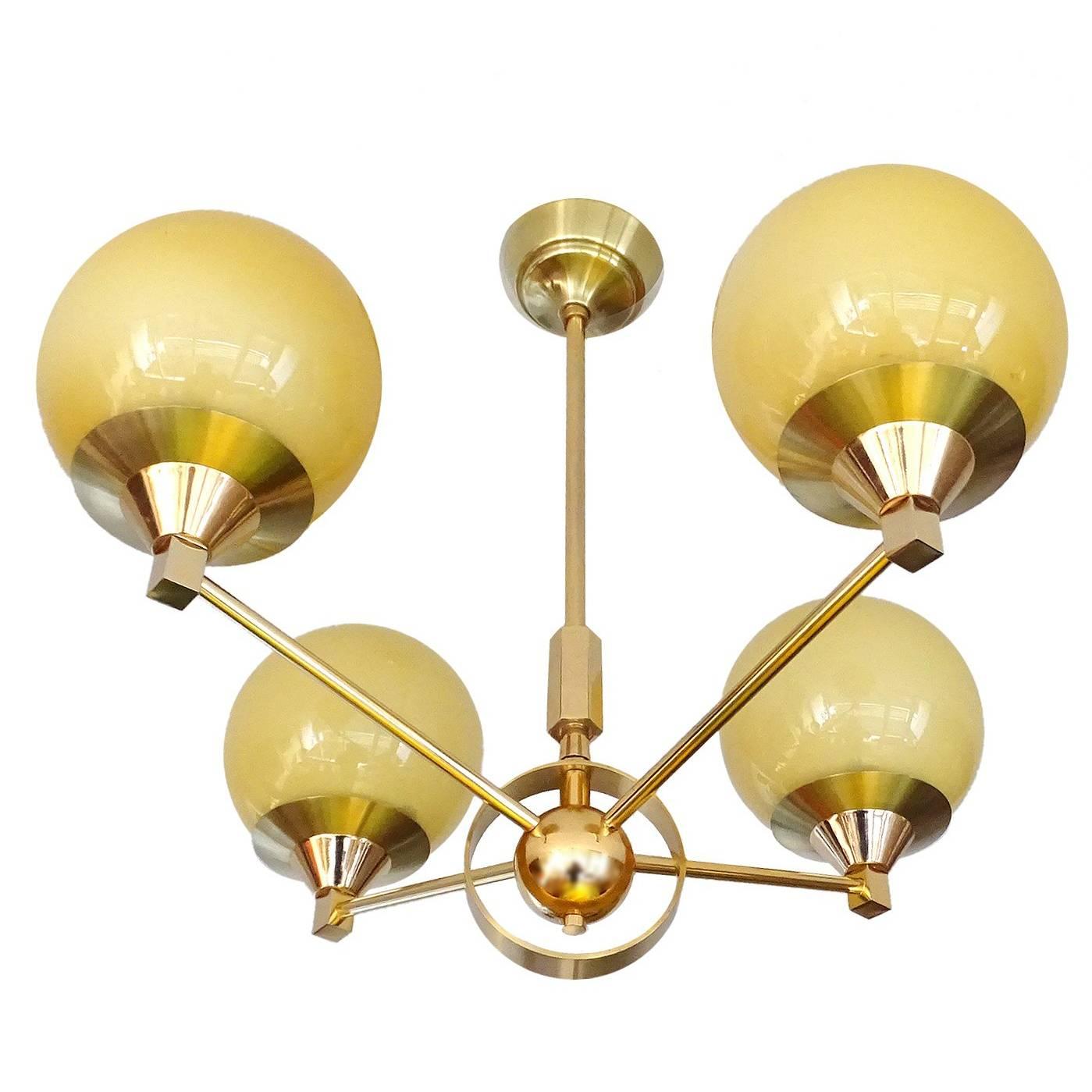 French Maison Arlus Glass Brass Chandelier Pendant Light, Stinovo Gio Ponti Era For Sale