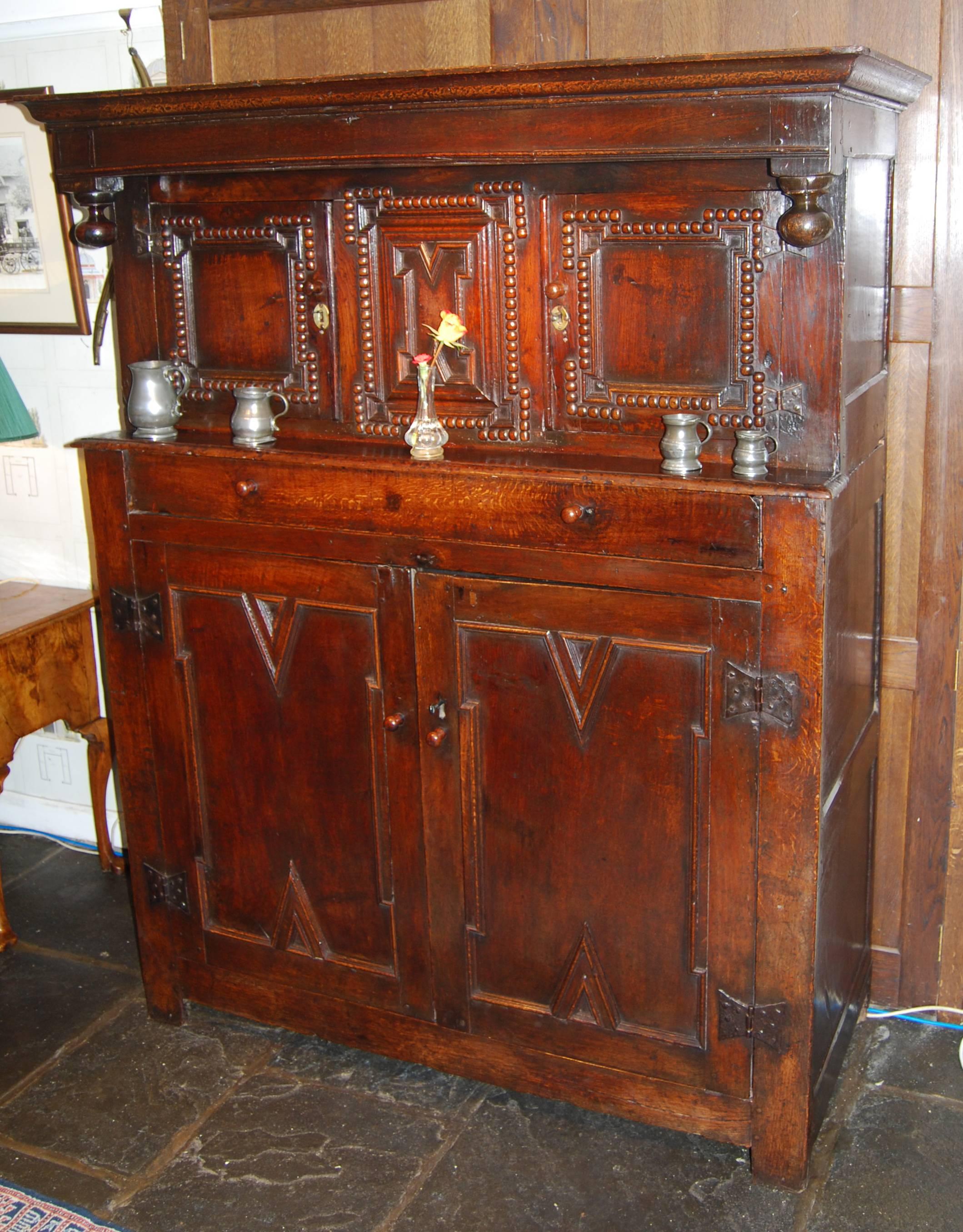 English Late 17th Century Carved Oak Court Cupboard For Sale