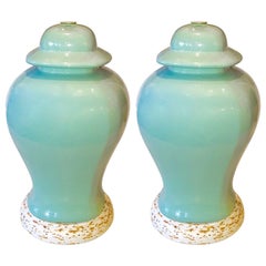 Vintage Pair of American Mid-Century Celadon Temple Jar Porcelain Lamps