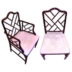 Set of Six Mid-Century American Black Bamboo Chinese Chippendale Dining Chairs 12