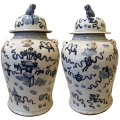 Pair of Late 20th Century Chinese Blue and White Temple Jars