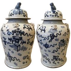 Pair of 19th Century Chinese Blue and White Temple Jars 4